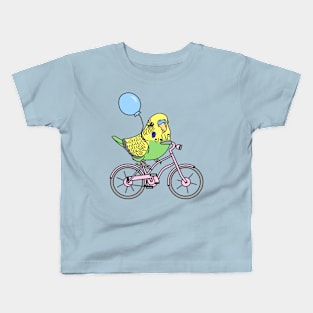 green budgie on a bike Kids T-Shirt